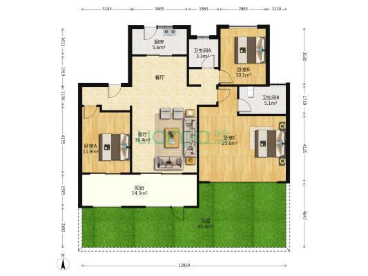 中南熙悦 3室1厅2卫 122平方