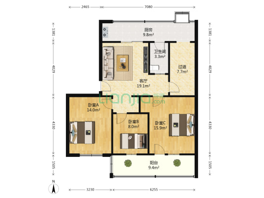 毛纺小区 3室1厅1卫 92平方
