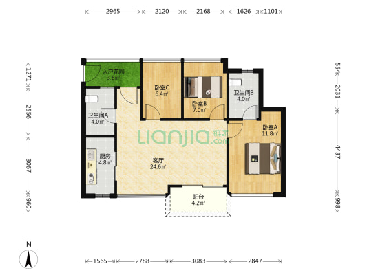 万科金色里程 3室1厅2卫 83平方