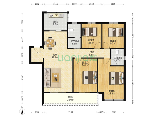 华府紫源 4室1厅2卫 142平方