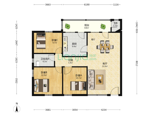 新兴花园 3室1厅2卫 109平方