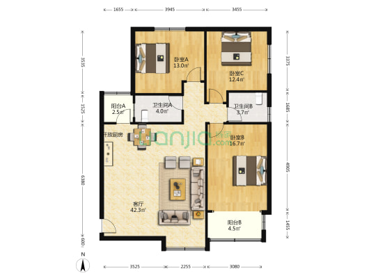 幸运福邸 3室1厅2卫 135平方