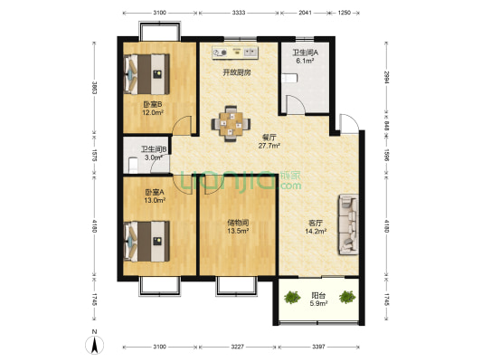阳海景怡北区 2室2厅2卫 128平方