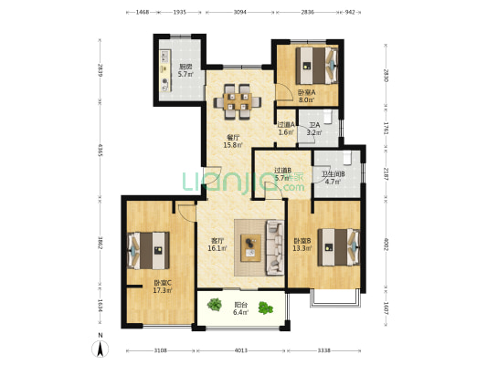 华光景苑 3室2厅2卫 128平方