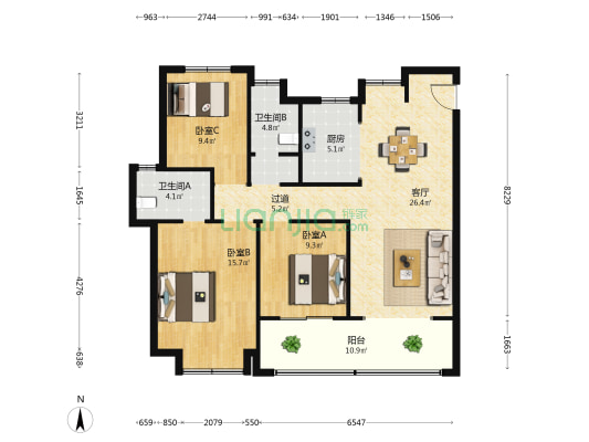 宸星雅苑 3室1厅2卫 120平方