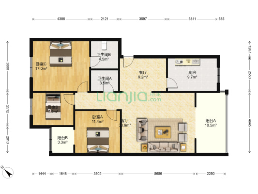 九里园 3室2厅2卫 112平方