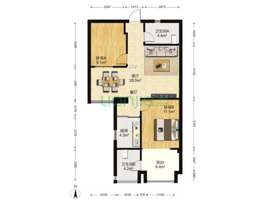 翡翠城 2室1厅2卫 96平方