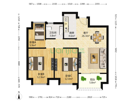 力高君御都会 3室1厅1卫 88平方