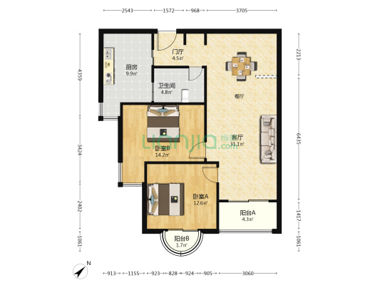 静安桂花园 2室1厅1卫 104平方