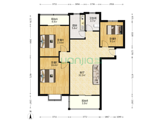 天马中清丽景小区 3室1厅1卫 122平方