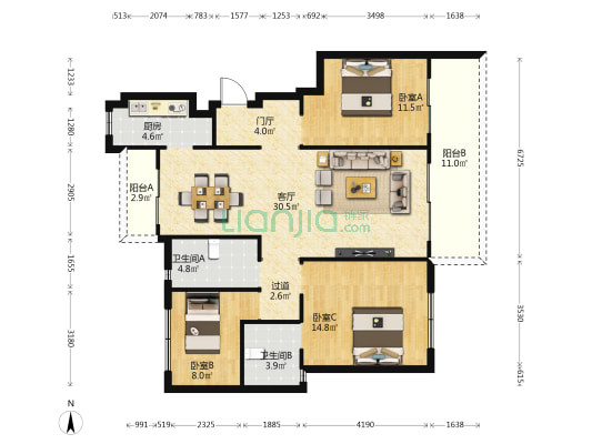 新力郦园 3室1厅2卫 117平方