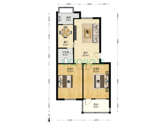 金晶大道西四巷2号院 2室2厅1卫 89平方