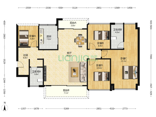 越秀江海潮鸣 4室1厅2卫 140平方