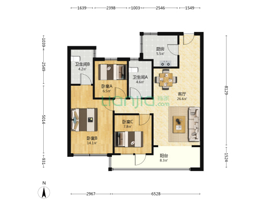上实云麓 3室1厅2卫 107平方