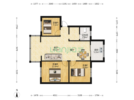 铁路双龙小区 3室1厅1卫 74平方