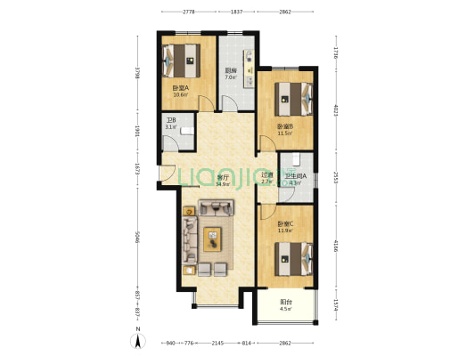 虹达小区 3室1厅2卫 133平方