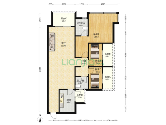 万达华庭 3室1厅2卫 116平方