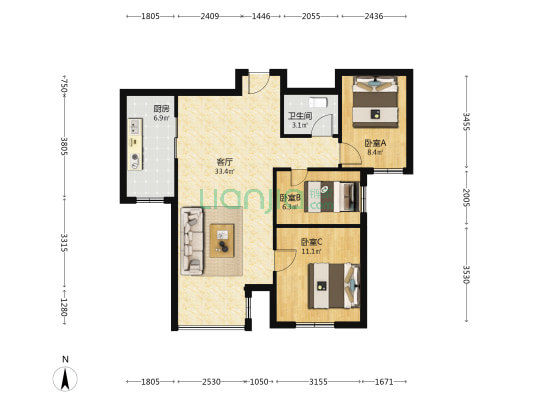 浭阳新都 3室1厅1卫 102平方