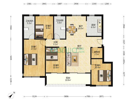 金地国际城 4室2厅2卫 127平方
