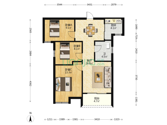 MOMO 3室1厅1卫 77平方