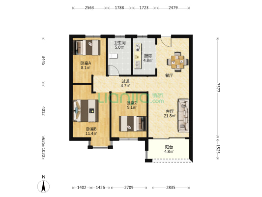 九里颐荷府 3室1厅1卫 94平方