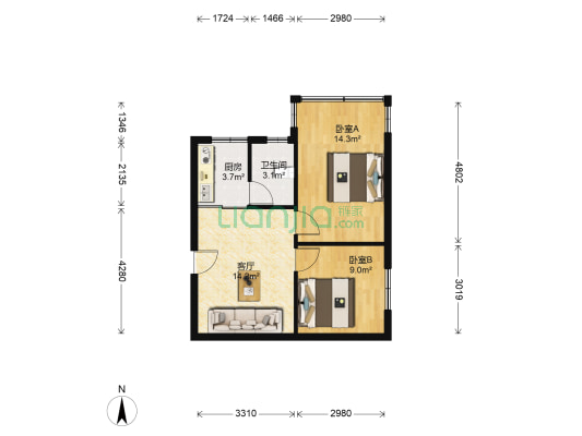 富力花园 2室1厅1卫 54平方