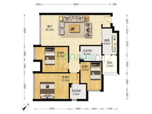 理想城 3室1厅2卫 68平方