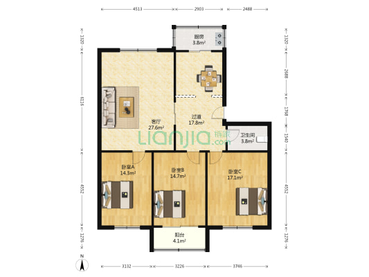 育仕源小区 3室1厅1卫 128平方