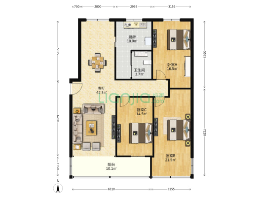 时代庄园 3室1厅1卫 143平方