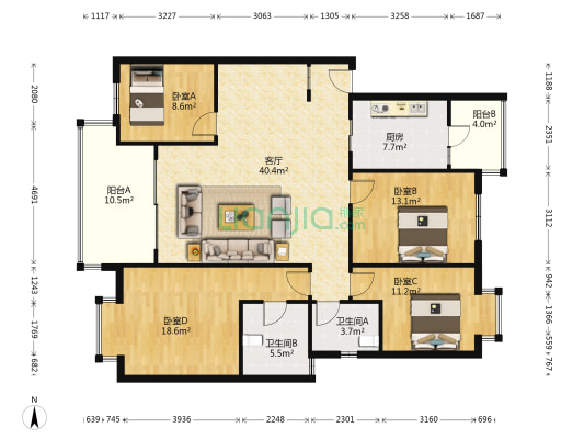 贵通御苑枫景 4室1厅2卫 134平方