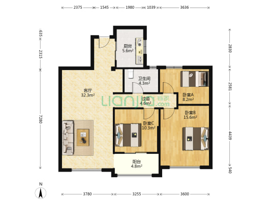 南岸风景 3室1厅1卫 108平方