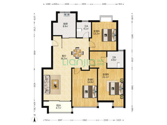 名人国际北区 3室1厅2卫 140平方