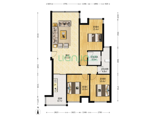 恒森云熙台二期 3室1厅2卫 102平方