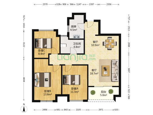 万科悦声名苑 3室2厅1卫 88平方
