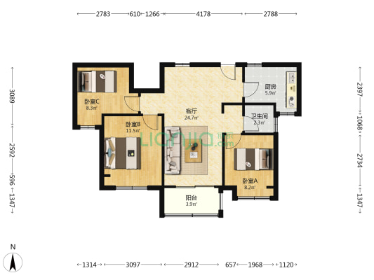 金地格林世界一期格林云上 3室1厅1卫 90平方