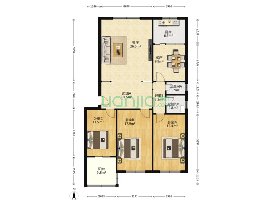 金谷源 3室2厅2卫 143平方
