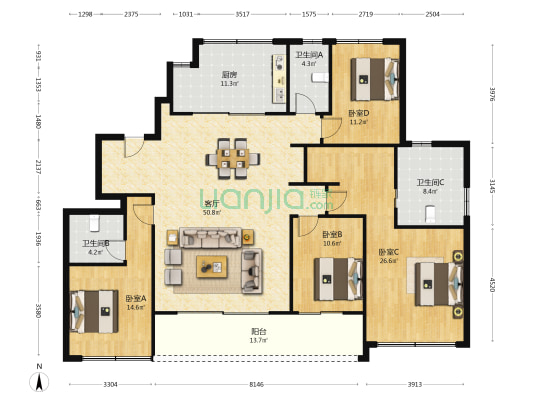 绿城汀岸芷兰轩 4室1厅3卫 188平方