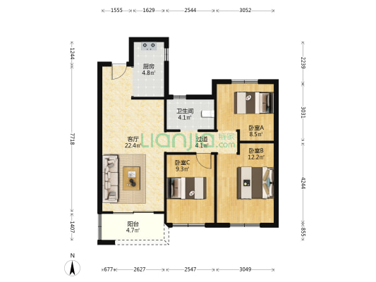 金地格林小城五期 3室1厅1卫 94平方