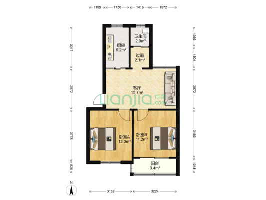 时花公寓 2室1厅1卫 61平方