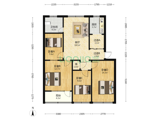 元件厂宿舍二期 4室1厅1卫 86平方