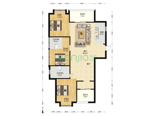 融信上江城B区 3室1厅2卫 119平方