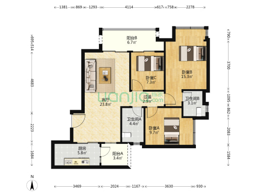 阳光城云湖里F组团 3室1厅2卫 99平方