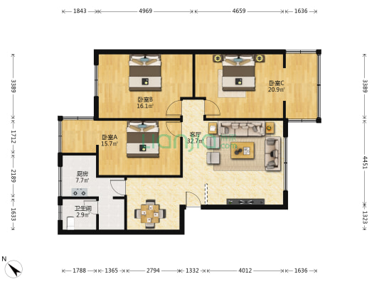 营康西路3号 3室1厅1卫 104平方