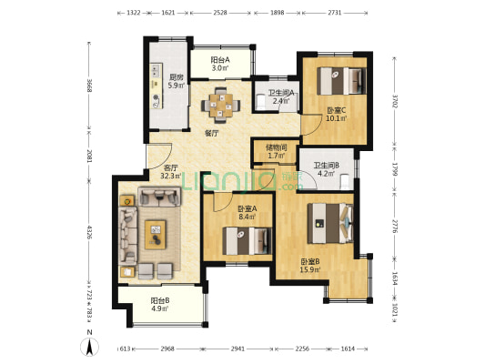 江南景苑北区 3室1厅2卫 113平方