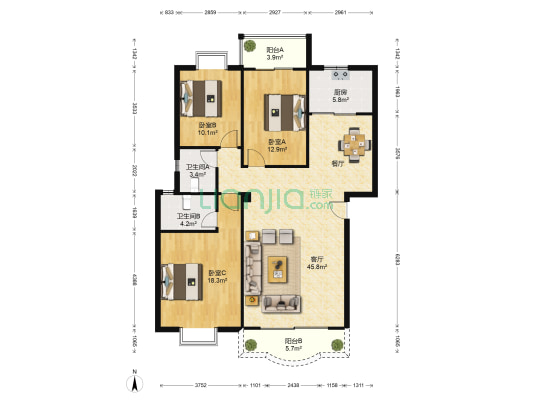 文园春晓 3室1厅2卫 129平方