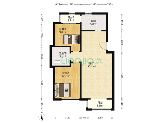 泽天下心泽园 2室1厅1卫 104平方