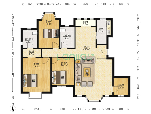 中海国际公园城镜湖苑 3室1厅2卫 137平方