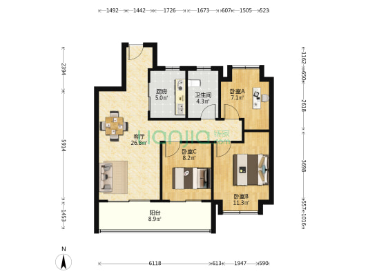 锦麟融誉府 3室1厅1卫 95平方