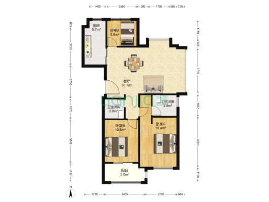 诚泰锦园 3室1厅2卫 103平方