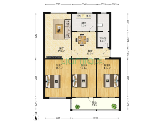 日杂家属院 3室2厅1卫 122平方